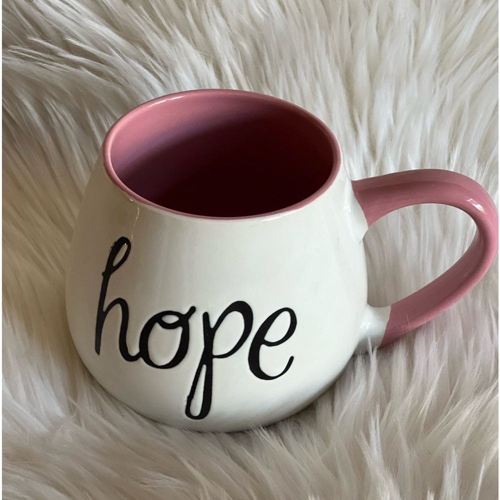 NWT Pier 1 Hope ceramic coffee mug. White w/Rose pink inside & handle.